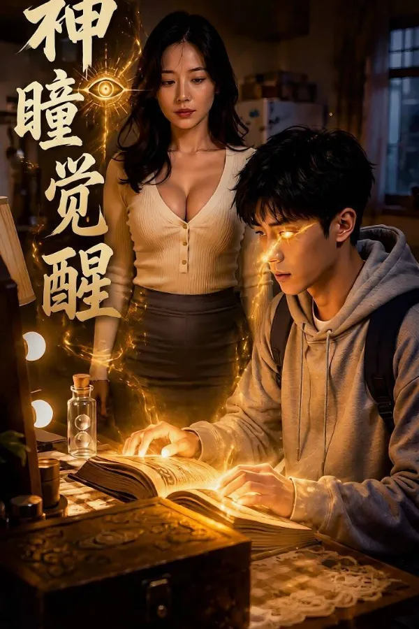 少年在旧屋里翻开古书，金光从书页里透出来