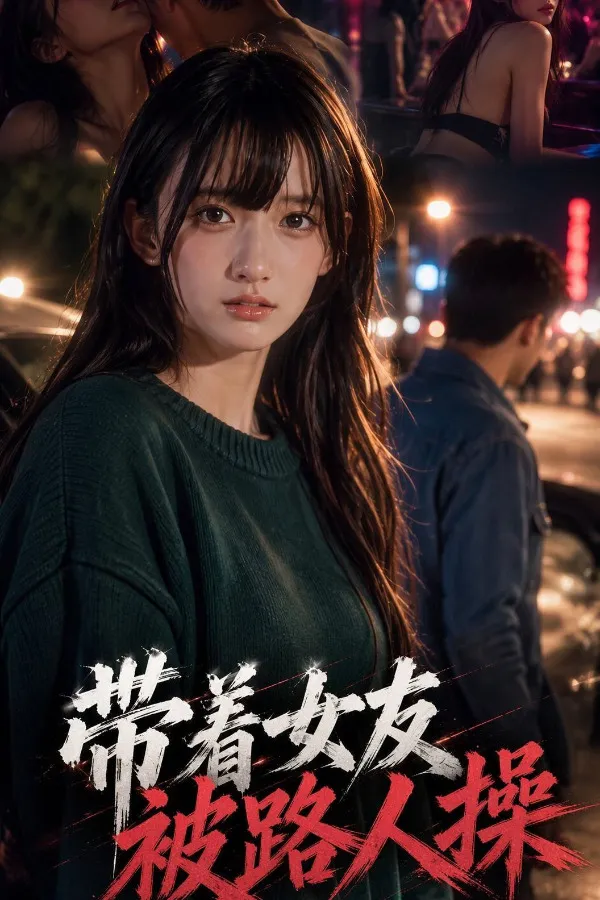 夜晚街头，长发女生回头看向镜头，霓虹灯在背景里虚化