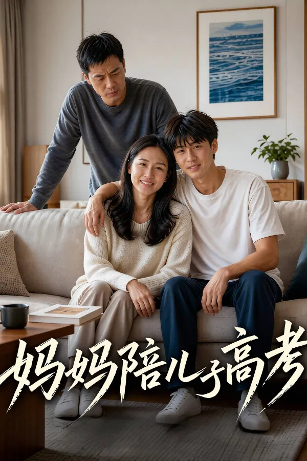 客厅沙发上，母亲和儿子坐在一起，父亲站在身后
